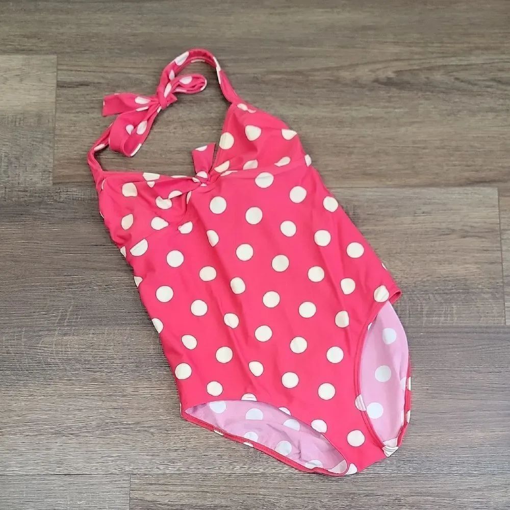 Boden One-piece Pink Polka-Dot Swimsuit Halter Neck Womens Size 12